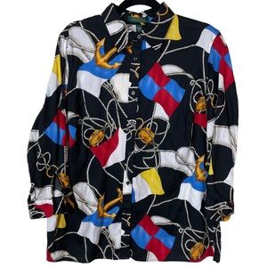 Vintage LRL Nautical Gaudy Busy Allover Button-down Blouse 3/4 Flowing Sleeve 1X